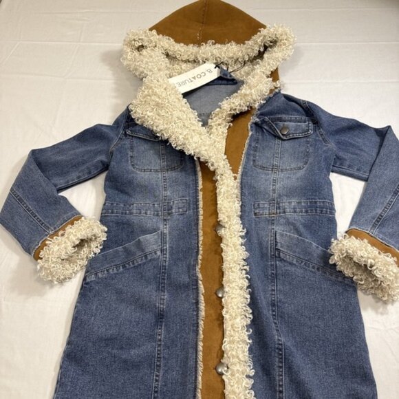 B. COATURE Long Duster Denim Jacket HOOD FAUX SUEDE FAUX SHERPA WOMEN SM NWT - Picture 2 of 11